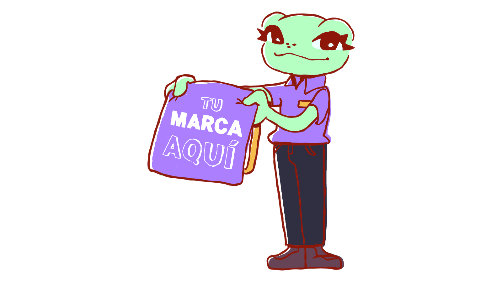 Personaje sosteniendo un cartel para marcas aliadas